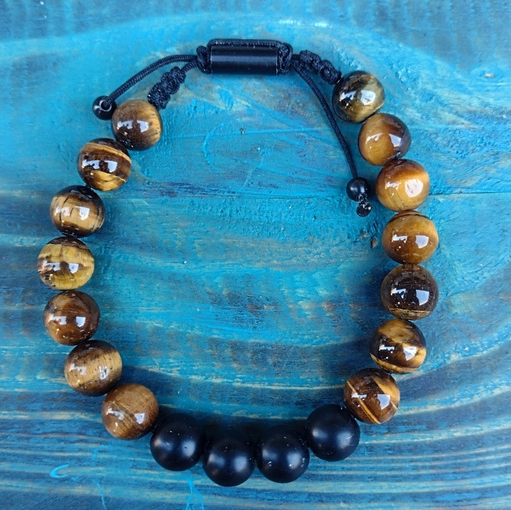 Round Black Onyx & Tiger's Eye Beaded Adjustable Chakra Bracelet